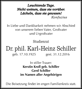 Traueranzeige von Karl-Heinz Schiller von Mitteldeutsche Zeitung Halle/Saalkreis