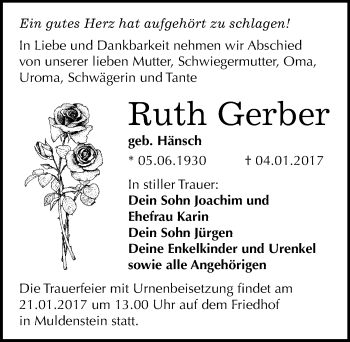 Traueranzeige von Ruth Gerber von Mitteldeutsche Zeitung Bitterfeld