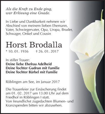 Traueranzeige von Horst Brodalla von Mitteldeutsche Zeitung Mansfelder Land