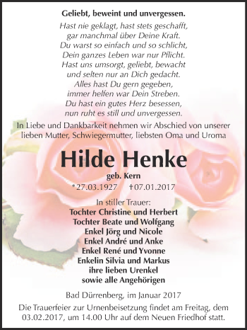Traueranzeige von Hilde Henke von Super Sonntag Merseburg
