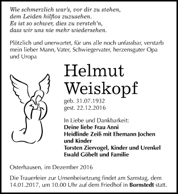 Traueranzeige von Helmut Weiskopf von Mitteldeutsche Zeitung Mansfelder Land