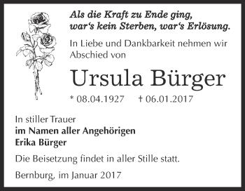 Traueranzeige von Ursula Bürger von Super Sonntag Bernburg
