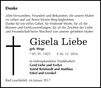 Traueranzeige von Gisela Liebe von Mitteldeutsche Zeitung Merseburg/Querfurt