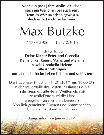 Traueranzeige von Max Butzke von Mitteldeutsche Zeitung Weißenfels