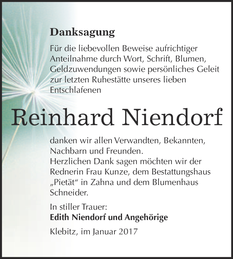  Traueranzeige für Reinhard Niendorf vom 28.01.2017 aus Super Sonntag Wittenberg