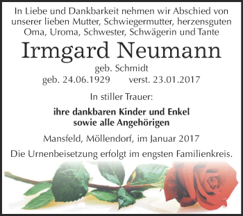 Traueranzeige von Irmgard Neumann von Super Sonntag SGH Mansf. Land