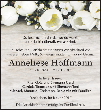 Traueranzeige von Anneliese Hoffmann von Mitteldeutsche Zeitung Aschersleben