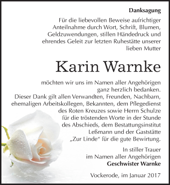 Traueranzeige von Karin Warnke von Mitteldeutsche Zeitung Wittenberg