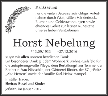 Traueranzeige von Horst Nebelung von WVG - Wochenspiegel Bitterfeld