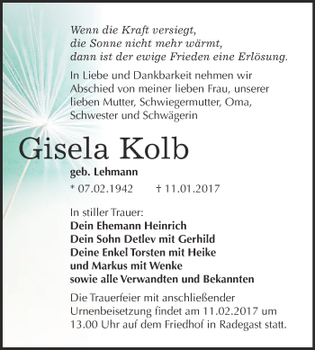 Traueranzeige von Gisela Kolb von WVG - Wochenspiegel Bitterfeld