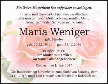 Traueranzeige von Maria Weniger von WVG - Wochenspiegel Merseburg