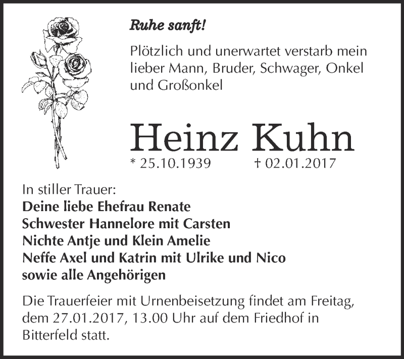  Traueranzeige für Heinz Kuhn vom 18.01.2017 aus WVG - Wochenspiegel Bitterfeld