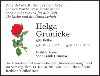 Traueranzeige von Helga Grunicke von Mitteldeutsche Zeitung Halle/Saalkreis