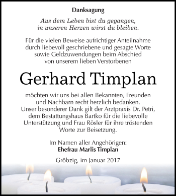 Traueranzeige von Gerhard Timplan von WVG - Wochenspiegel Dessau / Köthen