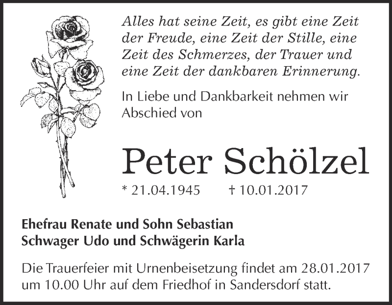  Traueranzeige für Peter Schölzel vom 18.01.2017 aus WVG - Wochenspiegel Bitterfeld