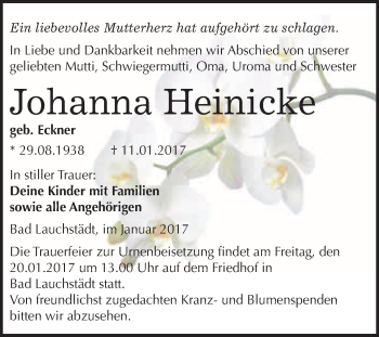 Traueranzeige von Johanna Heinicke von WVG - Wochenspiegel Merseburg