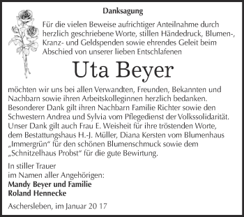 Traueranzeige von Uta Beyer von Super Sonntag Aschersleben