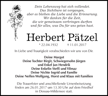 Traueranzeige von Herbert Pätzel von WVG - Wochenspiegel Dessau / Köthen