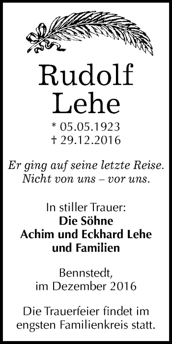 Traueranzeige von Rudolf Lehe von Mitteldeutsche Zeitung Halle/Saalkreis