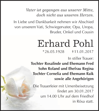 Traueranzeige von Erhard Pohl von WVG - Wochenspiegel Bitterfeld