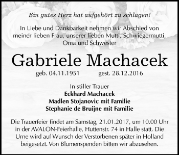 Traueranzeige von Gabriele Machacek von Mitteldeutsche Zeitung Halle/Saalkreis