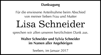 Traueranzeige von Lisa Schneider von Mitteldeutsche Zeitung Halle/Saalkreis