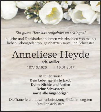 Traueranzeige von Anneliese Heyde von WVG - Wochenspiegel Bitterfeld