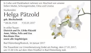 Traueranzeige von Helga Pätzold von Super Sonntag Merseburg