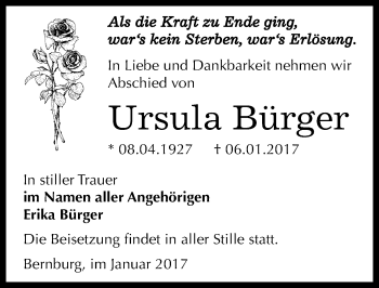 Traueranzeige von Ursula Bürger von Mitteldeutsche Zeitung Aschersleben