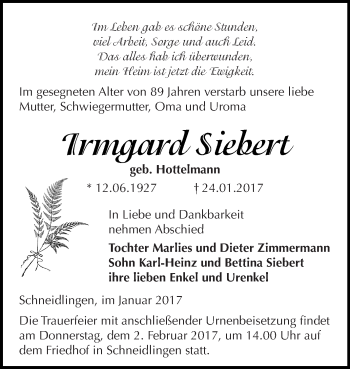 Traueranzeige von Irmgard Siebert von Super Sonntag SGH Mansf. Land