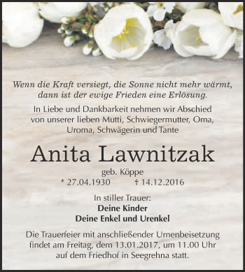 Traueranzeige von Anita Lawnitzak von WVG - Wochenspiegel Wittenberg