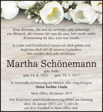 Traueranzeige von Martha Schönemann von Mitteldeutsche Zeitung Köthen