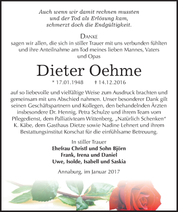 Traueranzeige von Dieter Oehme von Mitteldeutsche Zeitung Wittenberg