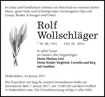 Traueranzeige von Rolf Wollschläger von Mitteldeutsche Zeitung Quedlinburg