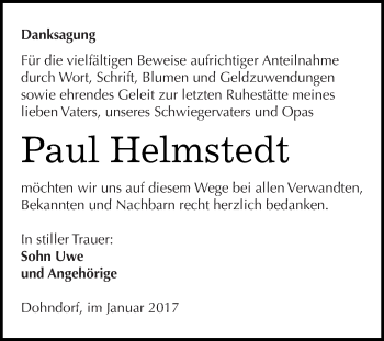 Traueranzeige von Paul Helmstedt von Super Sonntag Bernburg