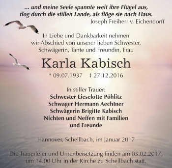 Traueranzeige von Karla Kabisch von Mitteldeutsche Zeitung Zeitz