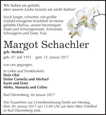 Traueranzeige von Margot Schachler von Mitteldeutsche Zeitung Merseburg/Querfurt