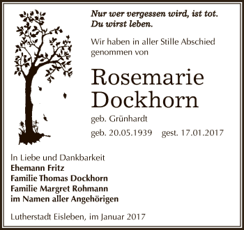 Traueranzeige von Rosemarie Dockhorn von Super Sonntag SGH Mansf. Land
