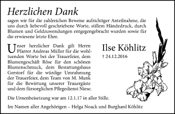 Traueranzeige von Ilse Köhlitz von Mitteldeutsche Zeitung Aschersleben