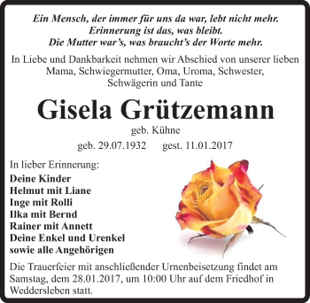 Traueranzeige von Gisela Grützemann von Mitteldeutsche Zeitung Quedlinburg