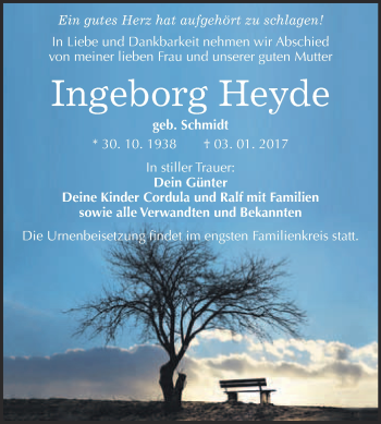 Traueranzeige von Ingeborg Heyde von WVG - Wochenspiegel Bitterfeld