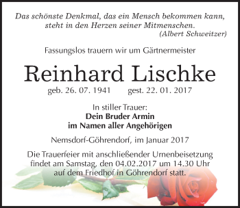 Traueranzeige von Reinhard Lischke von Mitteldeutsche Zeitung Merseburg/Querfurt