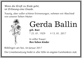 Traueranzeige von Gerda Ballin von Mitteldeutsche Zeitung Mansfelder Land