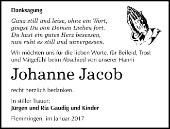 Traueranzeige von Johanne Jacob von Mitteldeutsche Zeitung Naumburg/Nebra