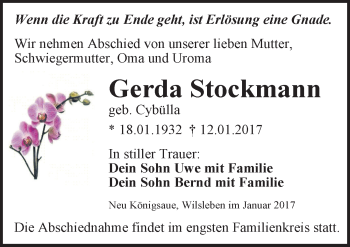 Traueranzeige von Gerda Stockmann von Mitteldeutsche Zeitung Aschersleben