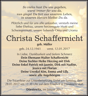 Traueranzeige von Christa Schaffernicht von Mitteldeutsche Zeitung Merseburg/Querfurt