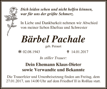 Traueranzeige von Bärbel Pachale von WVG - Wochenspiegel Dessau / Köthen