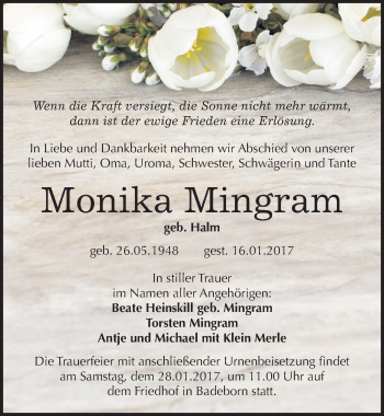 Traueranzeige von Monika Mingram von Mitteldeutsche Zeitung Quedlinburg