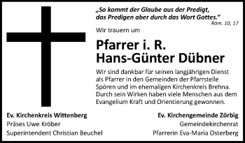 Traueranzeige von Hans-Günter Dübner von Mitteldeutsche Zeitung Bitterfeld