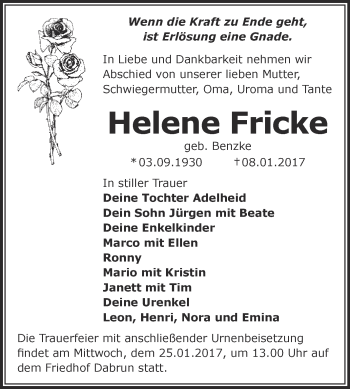 Traueranzeige von Helene Fricke von WVG - Wochenspiegel Wittenberg